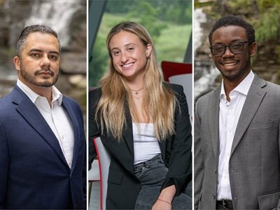 Side-by-side, individual photos of Gorges Ventures founders Matheus Lelis, MBA ’25, Megan Shkolyar ’20, MBA ’25, and Albert Charles, MBA ’25.