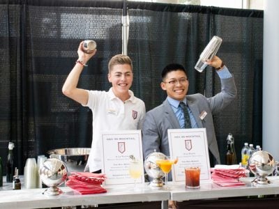 Bradley Chen ’21 and Jake Rallo ’22 bartend at Hotel Ezra Cornell mocktail event.