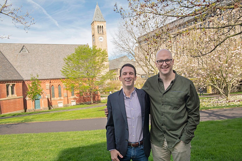 portrait of Harrison Jobe and Michale Brady, outside on the Cornell campus