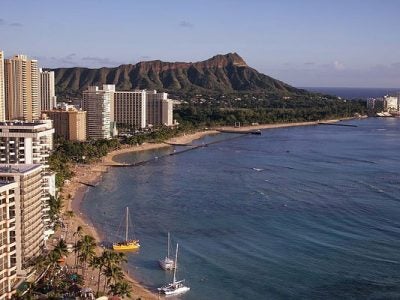 coastline view of beach and hotels in Honolulu, Hawaii