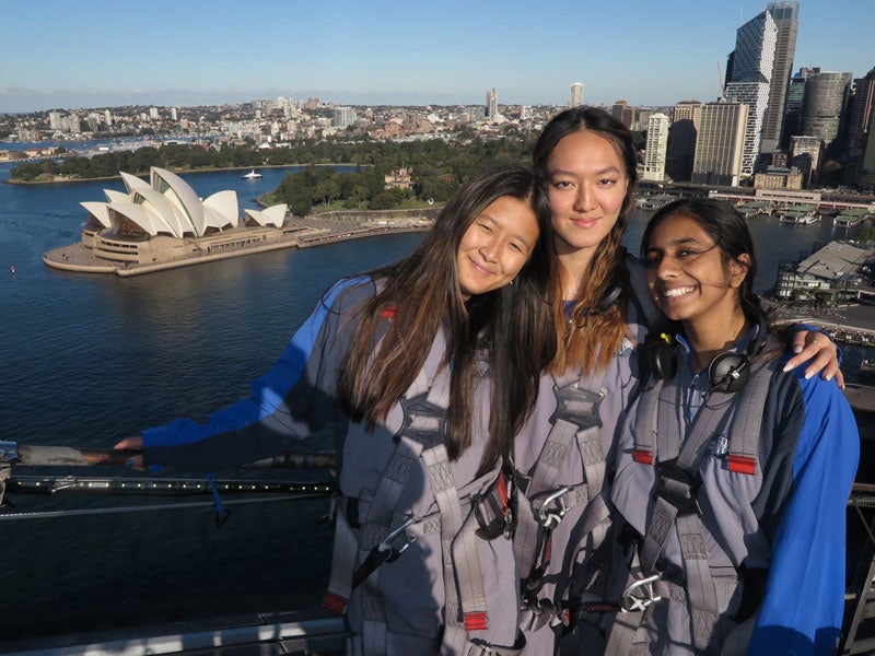 Global Fellows program trip to Australia, three student on the bridge climb