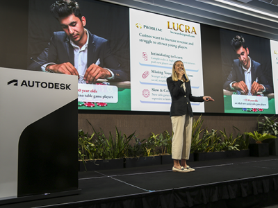 eLab student founder Kate Barclay ’26 pitches her startup, LUCRA, to an audience at the CSV: Student Startup Showcase in San Francisco.