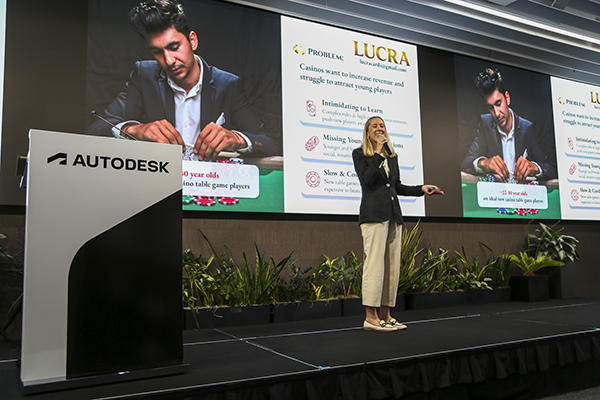 eLab student founder Kate Barclay &rsquo;26 pitches her startup, LUCRA, to an audience at the CSV: Student Startup Showcase in San Francisco.