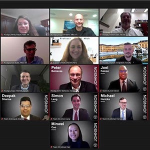 Zoom screen shot of Johnson&rsquo;s 2020 Integrative Case Competition judges and winning team members