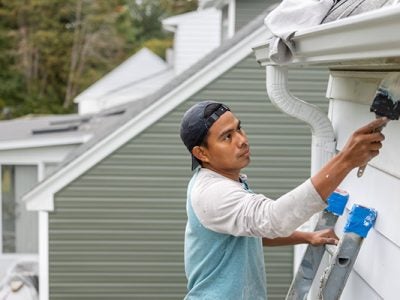 photo of a young man on a ladder painting a house.
