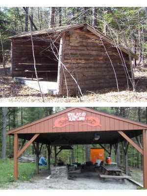 Two photos showing the more primitive sites and amenities at Camp Earth Connections &ndash; a log lean-to and a covered kitchen area with fire pit and picnic table
