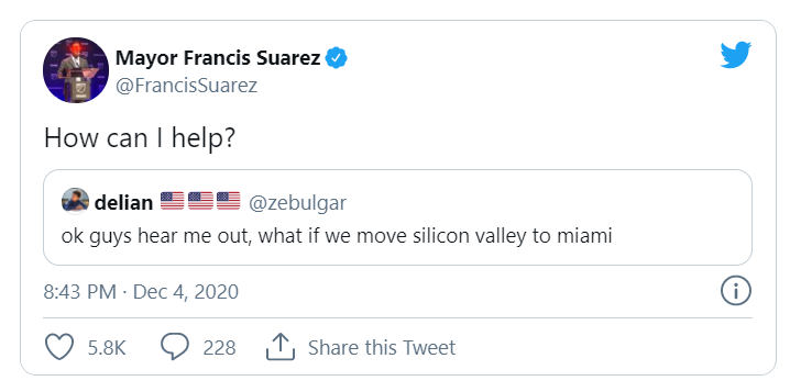 Screenshot of Miami Mayor Francis Suarez&rsquo;s tweet, asking &ldquo;How can I help?&rdquo; in response to a tweet that said &ldquo;ok guys hear me out, what if we move silicon valley to miami.&rdquo;