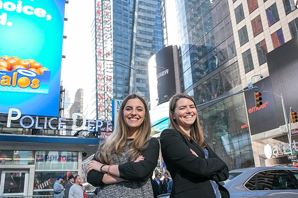 Photo of Gabrielle &nbsp;Schiffmiller &rsquo;16 (left) and Megan Sutton &rsquo;17 (right) who both now work with Ernst & Young (EY) in New York City were TAs in Jack Little&rsquo;s Fraud Examination course