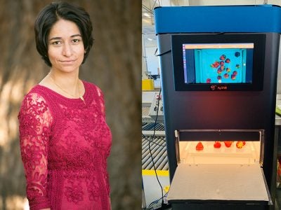portrait of Miku Jha next to a photo of AgShift's Hydra analyzer