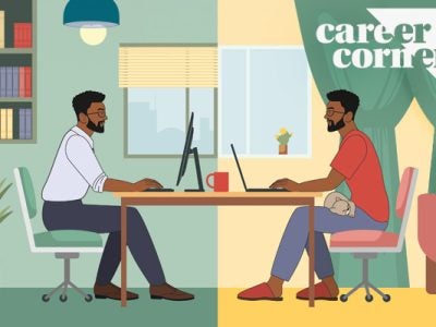 illustration depicting a man at work in an office wearing business casual attire, and the same man, in a facing frame, working from home in more casual attire.