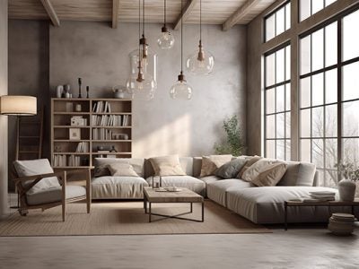 Living room loft decorated with modern mid-century furniture. Created with Generative AI.
