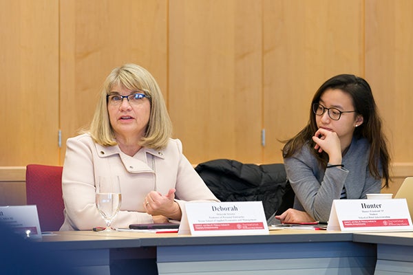 Image of Deborah Streeter, professor of personal enterprise (Dyson), and Hunter Friedland &rsquo;19 (Hotel) at the entrepreneurship roundtable.
