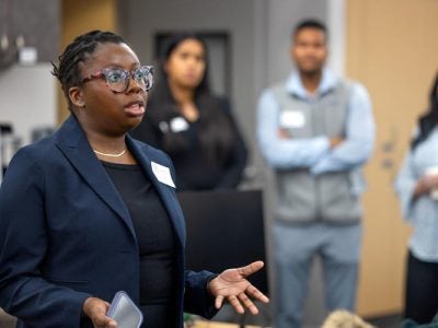 Chimoma Orakwue, MBA ‘26, congratulates Community School of Music and Arts and says a few words about why the class made a grant to this organization.