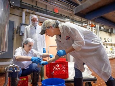 Image of Rebecca Phillips, left, a regional dairy processing specialist with Cornell Dairy Foods Extension, helps John and Sammi Collins bottle their new high-protein chocolate milk drink in Cornell’s Food Processing and Development Laboratory.