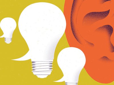 illustration of an ear listening to ideas as represented by lightbulbs