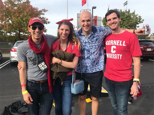 Photo of the assembled team at Cornell&rsquo;s 2017 Homecoming Weekend football game and tailgate (From left: Harrison Jobe, Caroline Wright, Michael Brady, Chris Alberico)