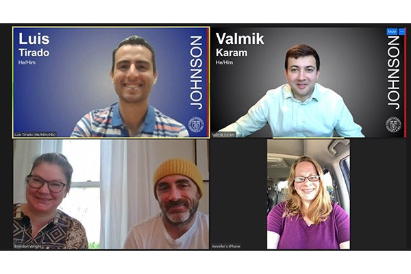 A Zoom screenshot (clockwise from top left) Luis Tirado, MBA &rsquo;23, Valmik Karam, MBA &rsquo;22, Jennifer Mansfield, and Pristine Clean clients Crystal and Brandon Wright.