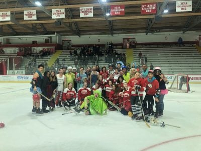 Group picture after Johnson&rsquo;s annual Puck Bunnies hockey competition.