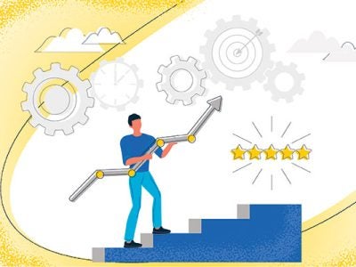 Man with growing schedule rising on step of ladder, stages of successful business project.