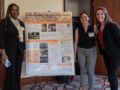 Three female graduate students stand next to their research poster.