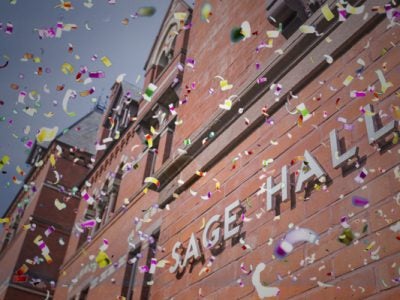 Sage Hall with confetti