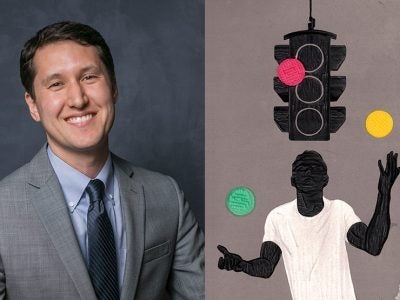 photo of Professor Isaac Smith next to an illustration of a silhouette of a boy juggling red, yellow, and green circles under the silhouette of a traffic light