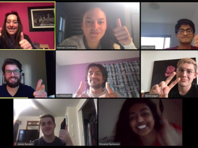Students on the Cornell team are giving the thumbs up sign from their individual homes