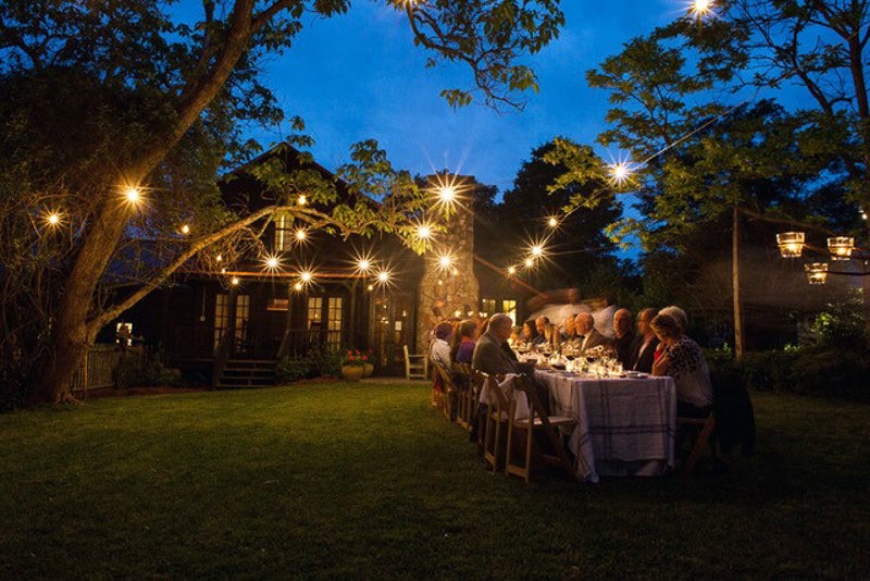 Illuminated building and lawn
