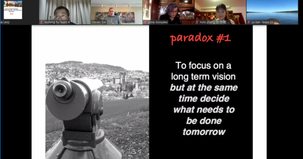 A Zoom slide reads &ldquo;Paradox #1: To focus on long term vision but at the same time decide what needs to be done tomorrow&rdquo;
