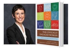 A headshot of a woman with short hair in a suit, next to an enlarged image of a book with a colorful cover.