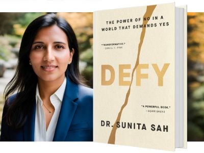 Headshot of Sunita Sah with enlarged image of her book.