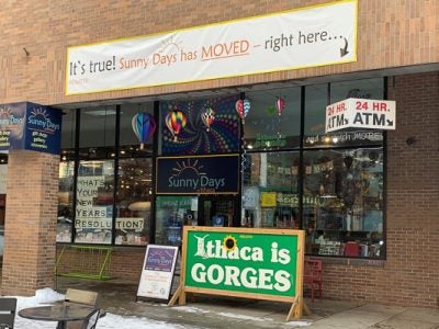 Photo of the entrance of a local business, Sunny Days of Ithaca, on the Commons