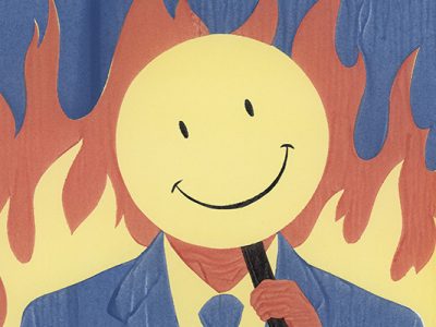 illustration of a man in a suit holding a smiley face in front of his face, with flames in the background