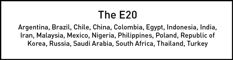The top 20 emerging economies: Argentina, Brazil, Chile, China, Colombia, Egypt, Indonesia, India, Iran, Malaysia, Mexico, Nigeria, Philippines, Poland, Republic of Korea , Russia, Saudi Arabia, South Africa, Thailand, and Turkey