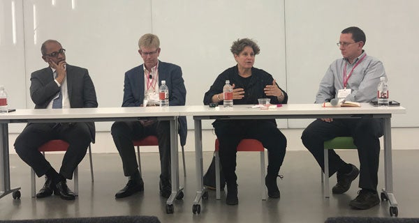 The evening&rsquo;s panel for Building a Sustainable Future, One Cornellian at a Time. From left to right: Ram Akella, MBA &rsquo;03; Paul Sellew &rsquo;80; Laurie Kerr, MS &rsquo;79; and Mark Milstein, director of the Center for Sustainable Global Enterprise.