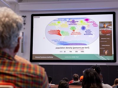 A photo showing students in the foreground and a Zoom screen showing Lenton in the top left corner next to a slide showing a map of the world with key climate tipping points overlaid on relevant geographic areas.