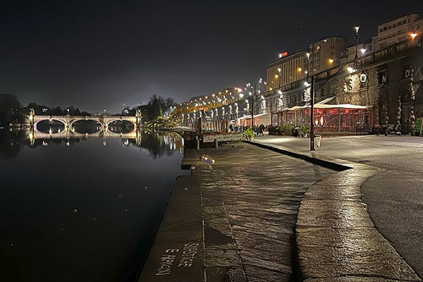 Night time view of the Po River .in Turin