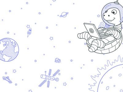 illustration showing Turtle’s mascot, a turtle, wearing a space helmet and floating in the universe while typing on a laptop computer