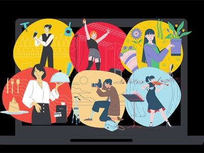 Computer screen with illustrations of individuals engaged in various activities, including cooking, taking photos, performing music, caring for plants, and learning about culinary arts and beverages.