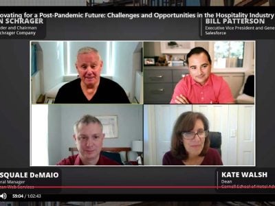 Image of Dean Walsh and hotel and tech leaders Ian Schrager, Bill Patterson and Pasquale DeMaio, explore the landscape of post-pandemic customer relations on a zoom style meet up