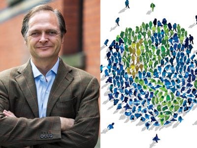 photo of Wes Sine next to an illustration depicting a multitude of human figures making up a world, some green, some yellow, some blue, forming the yin and yang symbol