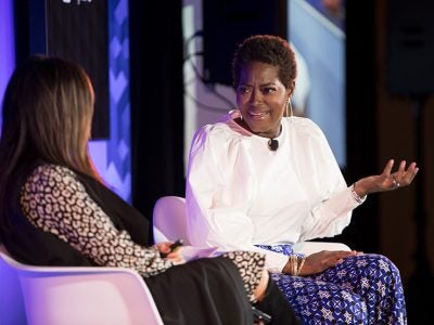 Zawadi Bryant speaking with real estate agent and entrepreneur Lily Jang at the U.S. Chamber of Commerce's Small Business Series event in Houston on March 5, 2019.