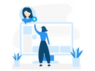 illustration of the back of a woman standing in front of a computer screen and pointing to a plus sign attached to an illustration of another woman’s headshot (as if clicking on it to add it to a collection)
