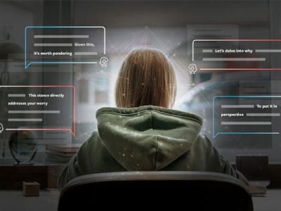 A young woman at a computer with bubbles of conversations around her head with AI chatbots
