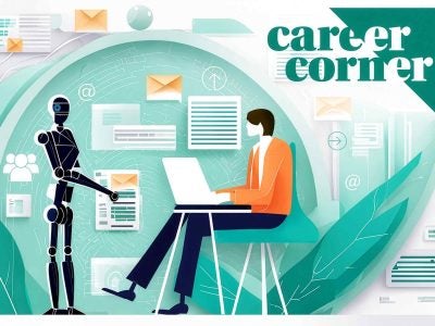 illustration showing a person sitting at a laptop opposite a robot and surrounded by images of documents, mail, links, and people.