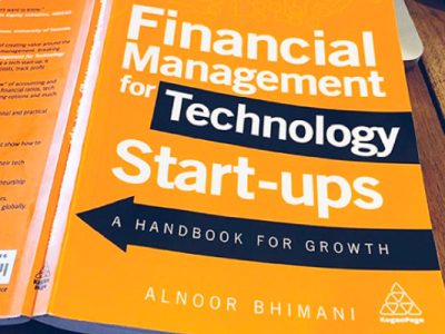 Photo of a book cover that says Financial Management for Technology Start-ups written by Alnoor Bhimani