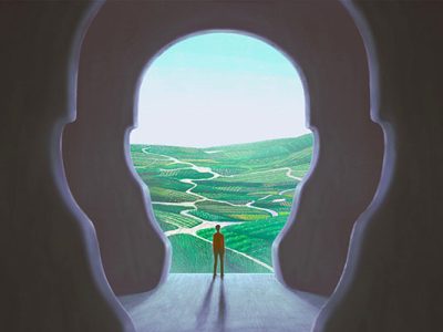 Surreal painting of the back of a man standing at the threshold of a huge doorway or opening shaped like the outline of a head, looking out on a green, pastoral landscape, implying a sustainable future.