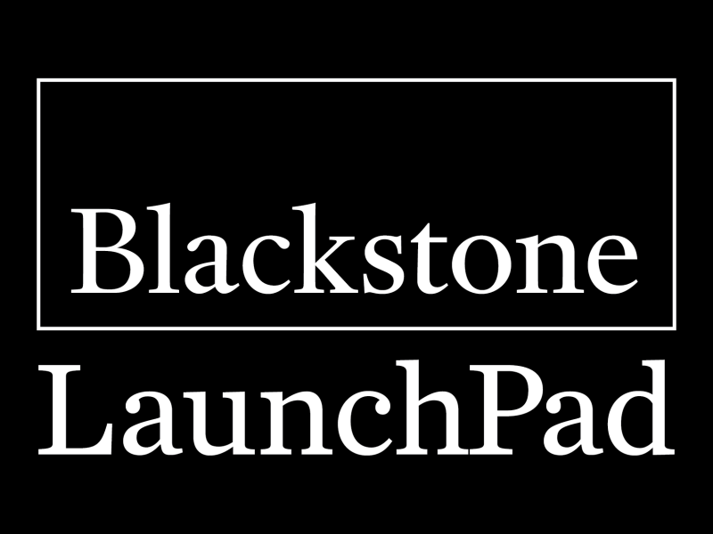 Logo for Blackstone Launchpad, with serif white text on a black square with a thin-stroke white rectangle around the word Blackstone