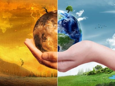 A hand holding the earth, half blue and half red