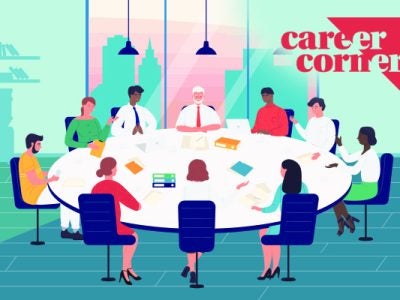 Illustration of people of various ages and ethnicities sitting at a large round table in an office with a floor to ceiling window and a cityscape beyond.